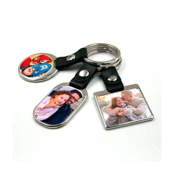 Metallic keychain with leather strap