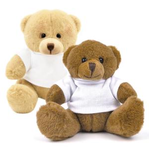 Osos de peluche 11 cm en colores Beige y Marrón con camiseta blanca personalizable para sublimación