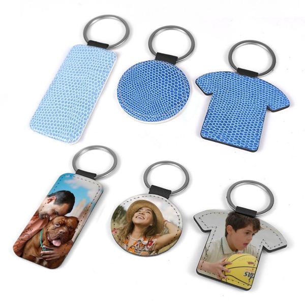 Blue leatherette keychains (various shapes)