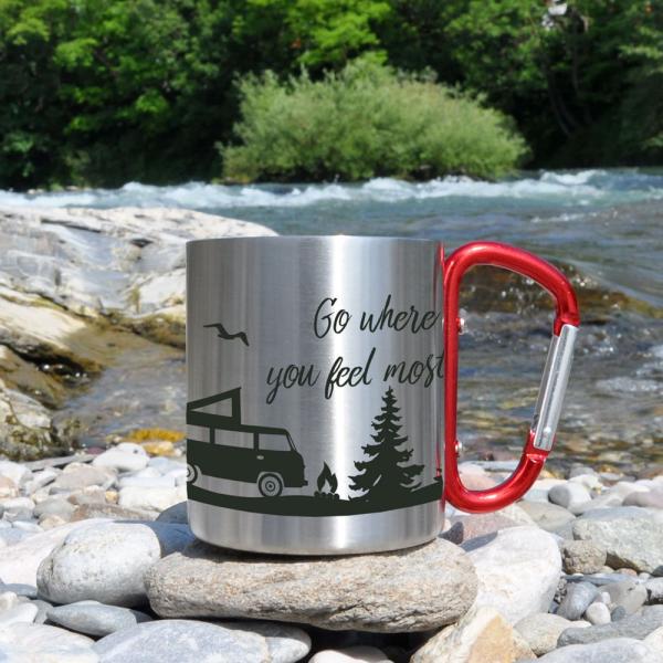 Taza acero inoxidable 300 ml con mosquetón, personalizable por sublimación