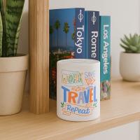 Cylindrical ceramic savings container with varnish finish