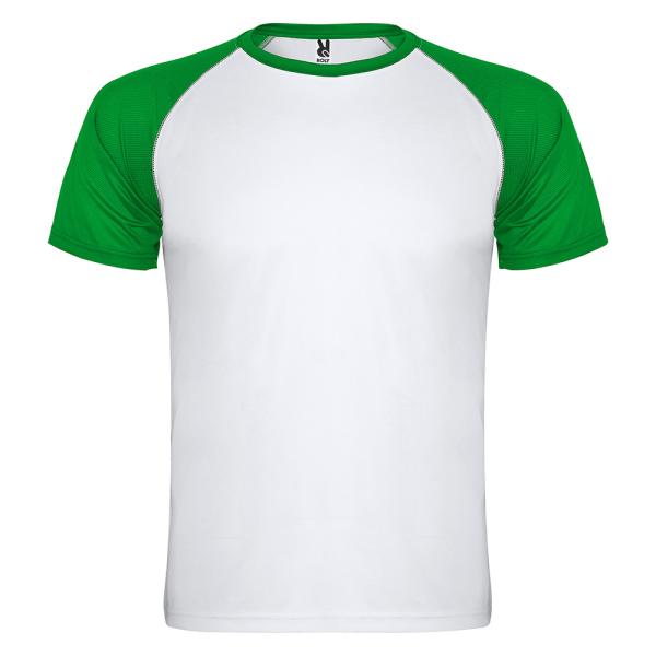 T-shirt combinata verde e bianca ideale per pubblicità tessile