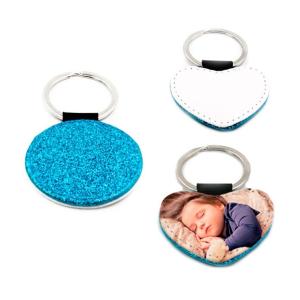 Porte-clés simili cuir bleu avec paillettes (différentes formes)